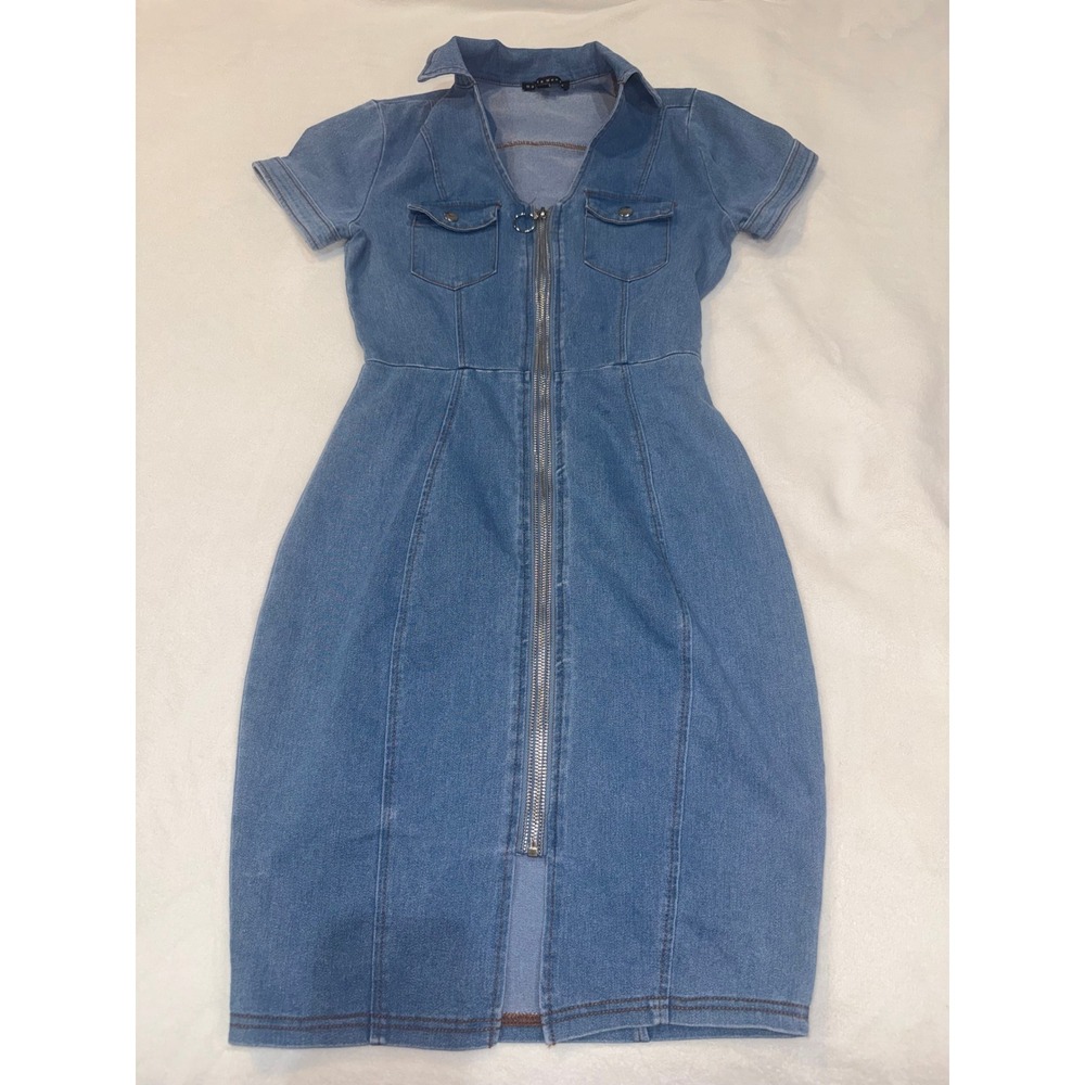 Haute Monde Women Medium Wash Full Zip Denim Mini Dress Short Sleeve Size S